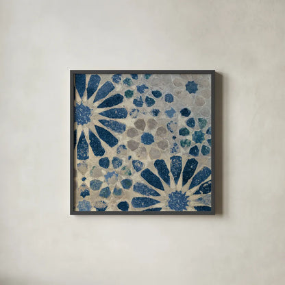 Alhambra Tile II Stone by Sue Schlabach. Shown in a sleek black glass frame for a contemporary gallery look. Available as an archival giclee rolled canvas, fine art paper, or poster print. SKU 51747a.
