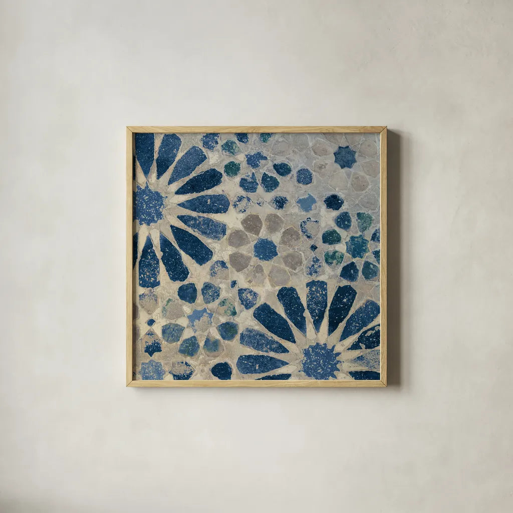 Alhambra Tile II Stone by Sue Schlabach. Shown in a natural wood glass frame for a timeless modern aesthetic. Available as an archival giclee rolled canvas, fine art paper, or poster print. SKU 51747a.