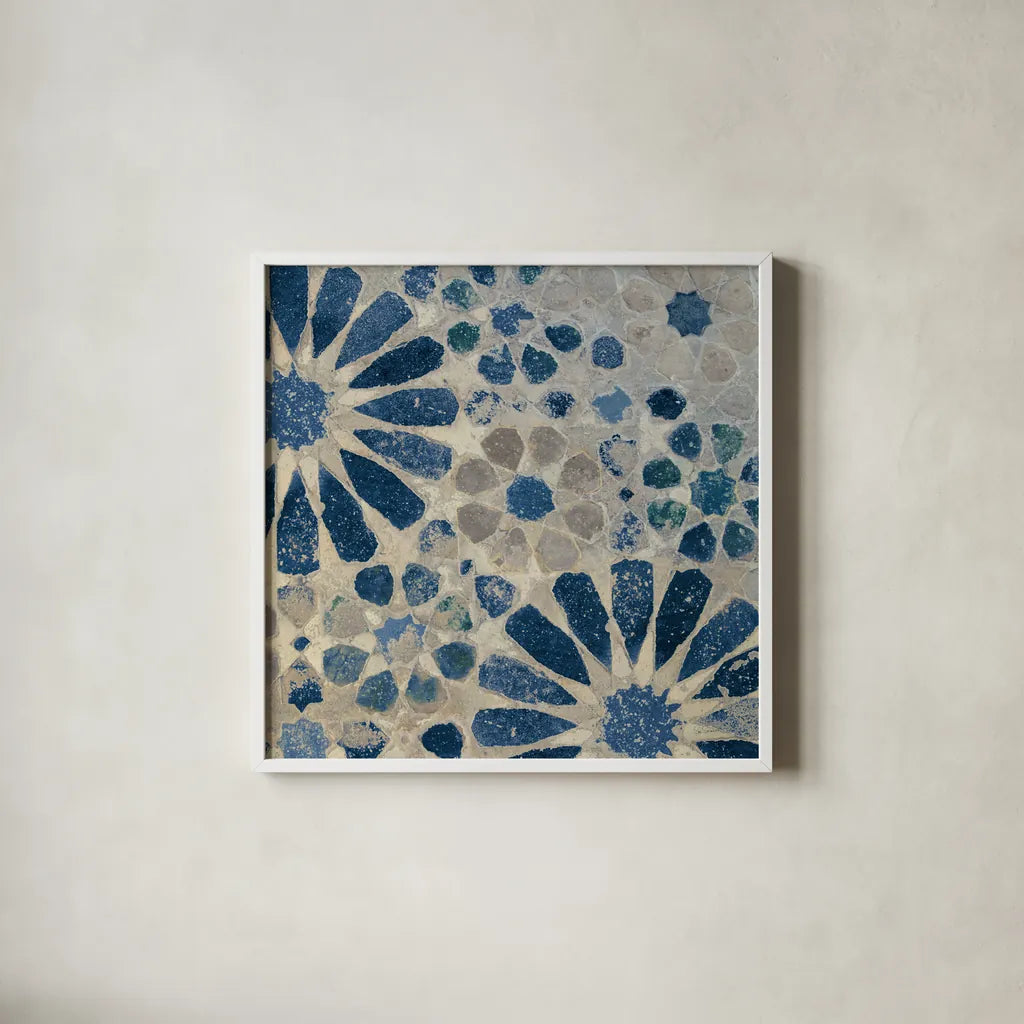 Alhambra Tile II Stone by Sue Schlabach. Shown in a crisp white glass frame for a clean and minimalist style. Available as an archival giclee rolled canvas, fine art paper, or poster print. SKU 51747a.