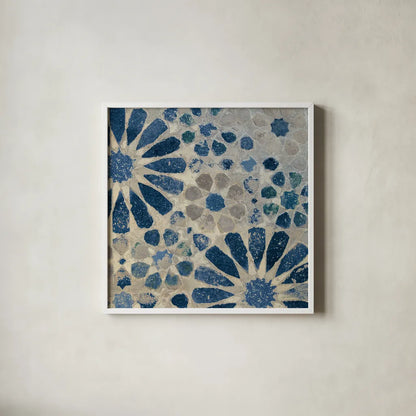 Alhambra Tile II Stone by Sue Schlabach. Shown in a crisp white glass frame for a clean and minimalist style. Available as an archival giclee rolled canvas, fine art paper, or poster print. SKU 51747a.