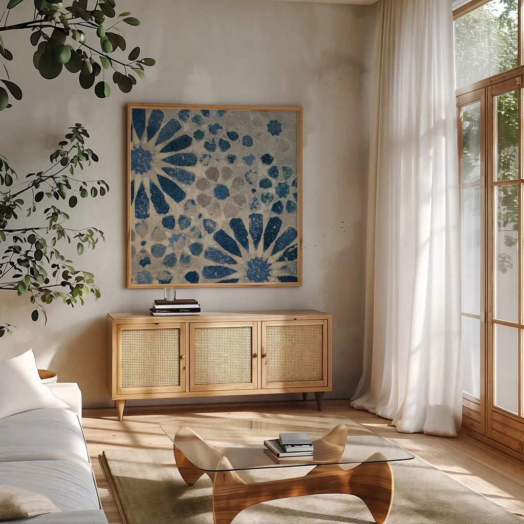 Alhambra Tile II Stone by Sue Schlabach. Shown in a natural wood frame in a cozy modern living room. Available as an archival giclee rolled canvas, fine art paper, or poster print. SKU 51747a.