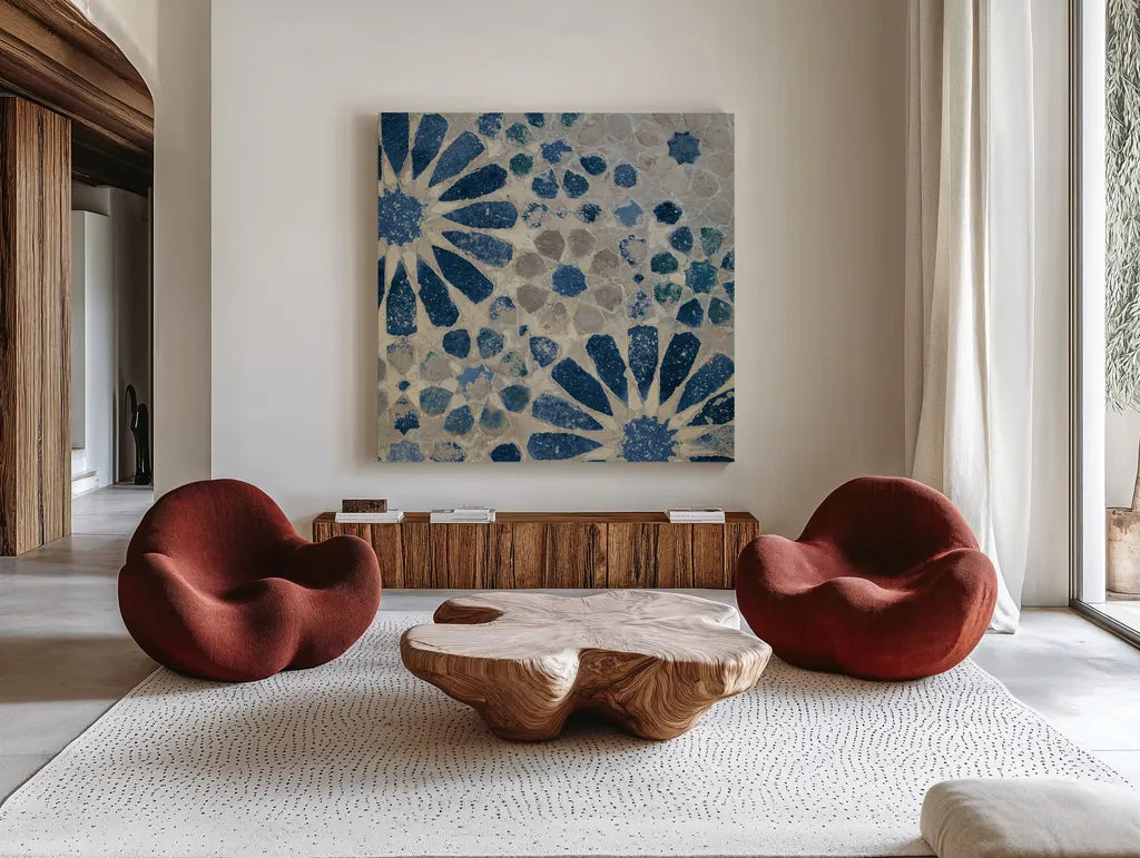 Alhambra Tile II Stone by Sue Schlabach. Shown as extra-large giant wall art in a modern living room. Available as an archival giclee rolled canvas, fine art paper, or poster print. SKU 51747a.