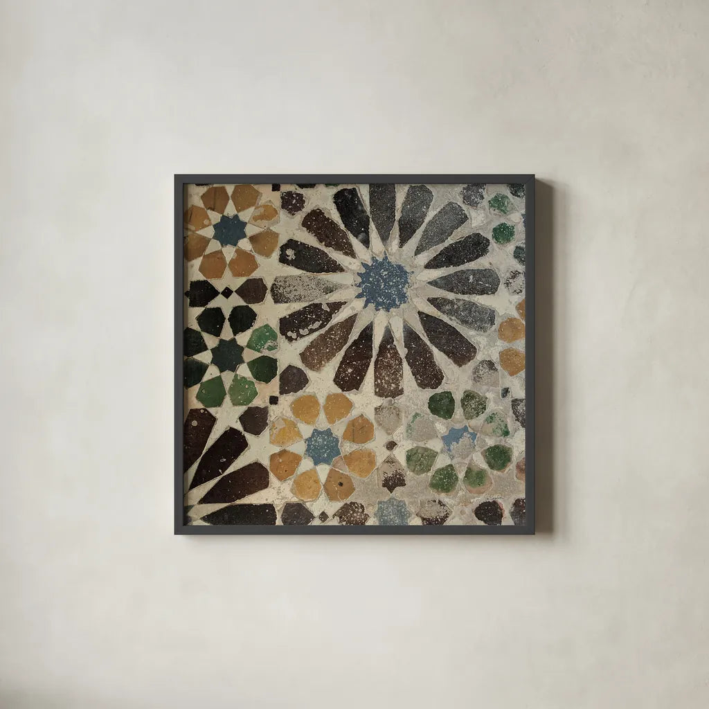 Alhambra Tile III by Sue Schlabach. Shown in a sleek black glass frame for a contemporary gallery look. Available as an archival giclee rolled canvas, fine art paper, or poster print. SKU 22053a.