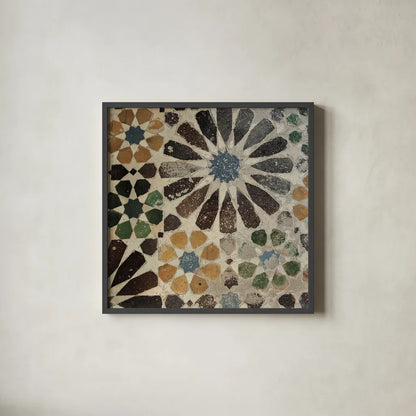 Alhambra Tile III by Sue Schlabach. Shown in a sleek black glass frame for a contemporary gallery look. Available as an archival giclee rolled canvas, fine art paper, or poster print. SKU 22053a.