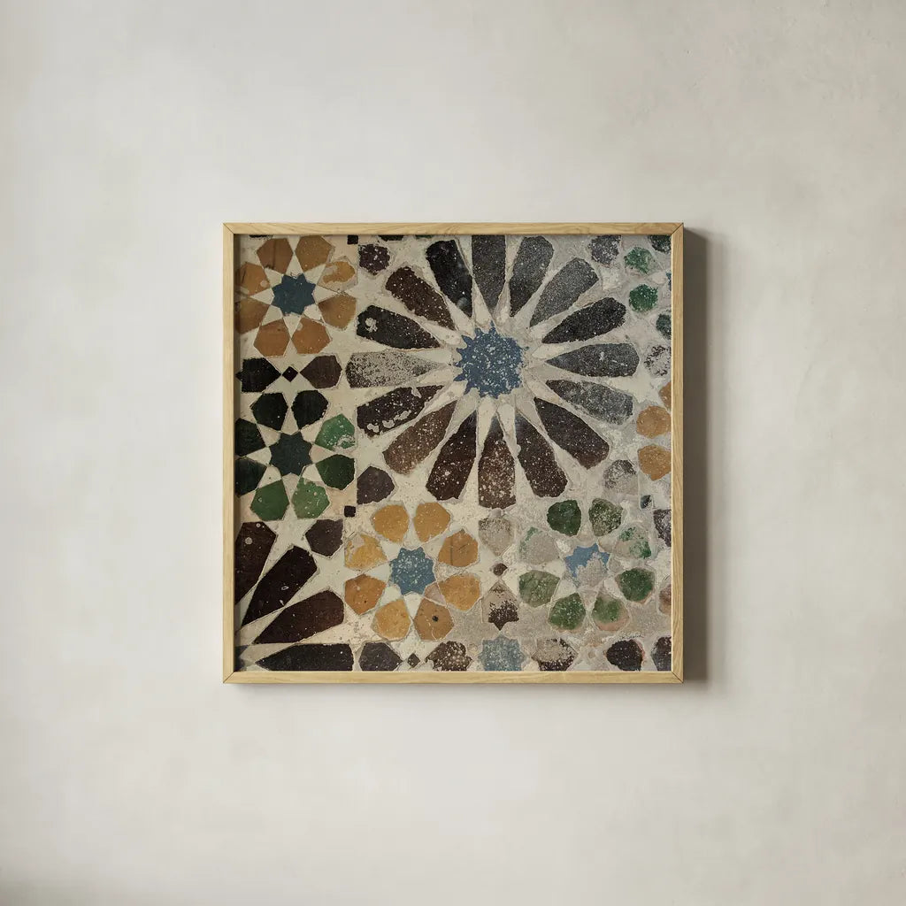 Alhambra Tile III by Sue Schlabach. Shown in a natural wood glass frame for a timeless modern aesthetic. Available as an archival giclee rolled canvas, fine art paper, or poster print. SKU 22053a.
