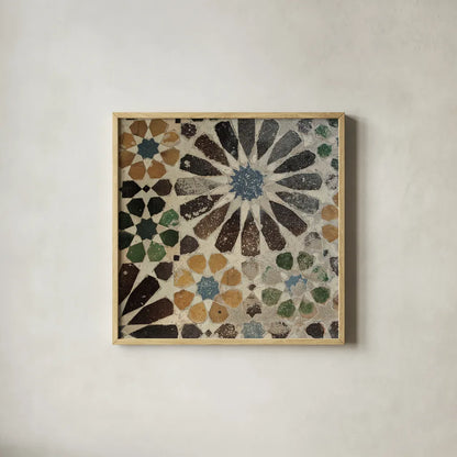 Alhambra Tile III by Sue Schlabach. Shown in a natural wood glass frame for a timeless modern aesthetic. Available as an archival giclee rolled canvas, fine art paper, or poster print. SKU 22053a.