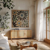 Alhambra Tile III by Sue Schlabach. Shown in a natural wood frame in a cozy modern living room. Available as an archival giclee rolled canvas, fine art paper, or poster print. SKU 22053a.
