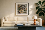 Alhambra Tile III by Sue Schlabach. Displayed in a glass frame with matte in a clean modern living room. Available as an archival giclee rolled canvas, fine art paper, or poster print. SKU 22053a.