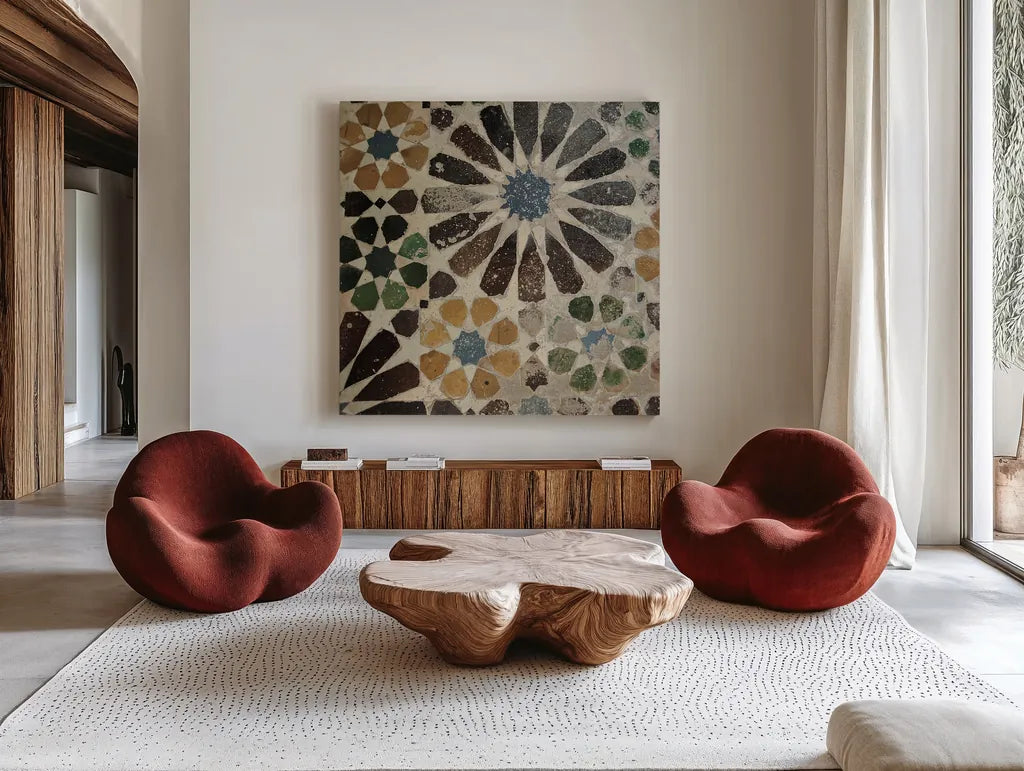 Alhambra Tile III by Sue Schlabach. Shown as extra-large giant wall art in a modern living room. Available as an archival giclee rolled canvas, fine art paper, or poster print. SKU 22053a.