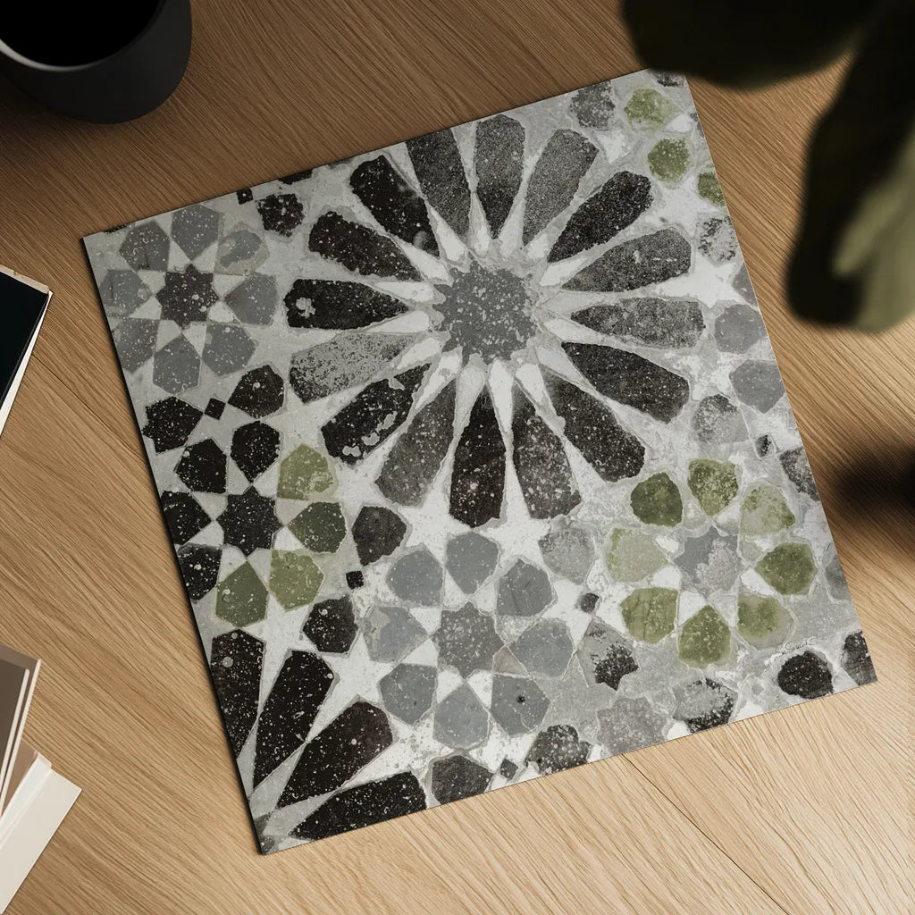Alhambra Tile III Gray Green by Sue Schlabach. Shown as a detailed flat fine art print, highlighting archival giclee quality. Available as an archival giclee rolled canvas, fine art paper, or poster print. SKU 56946a.