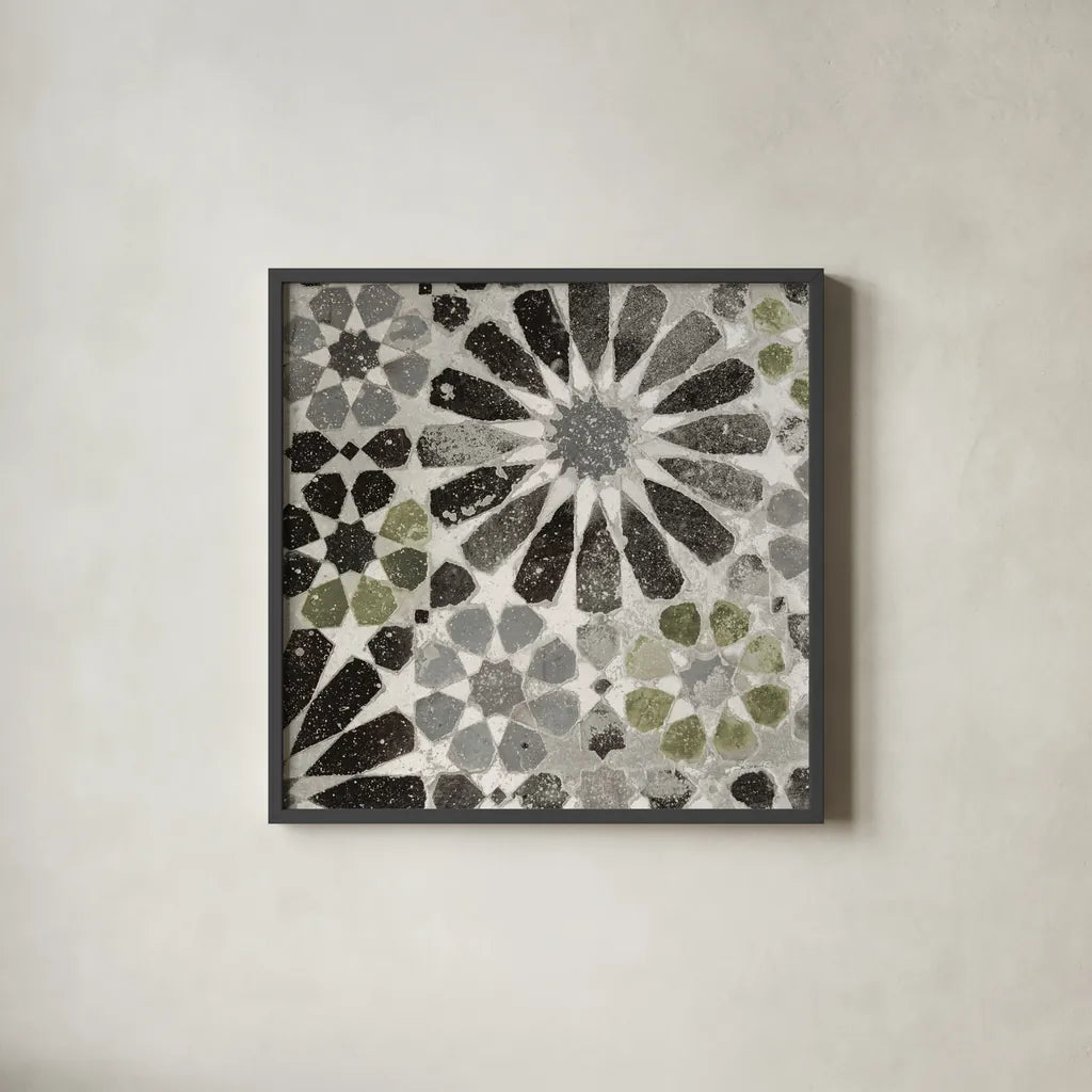 Alhambra Tile III Gray Green by Sue Schlabach. Shown in a sleek black glass frame for a contemporary gallery look. Available as an archival giclee rolled canvas, fine art paper, or poster print. SKU 56946a.
