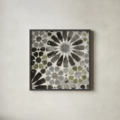 Alhambra Tile III Gray Green by Sue Schlabach. Shown in a sleek black glass frame for a contemporary gallery look. Available as an archival giclee rolled canvas, fine art paper, or poster print. SKU 56946a.