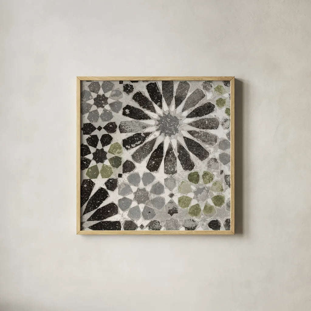 Alhambra Tile III Gray Green by Sue Schlabach. Shown in a natural wood glass frame for a timeless modern aesthetic. Available as an archival giclee rolled canvas, fine art paper, or poster print. SKU 56946a.