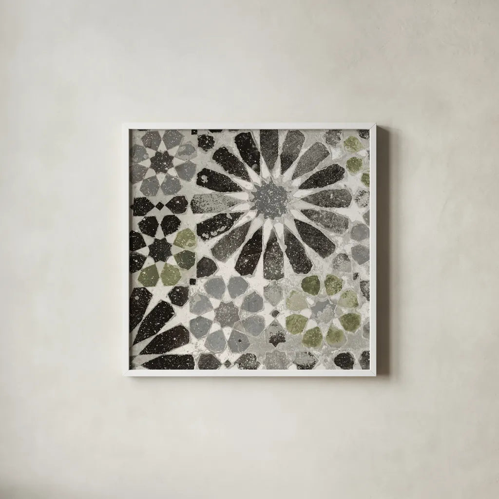 Alhambra Tile III Gray Green by Sue Schlabach. Shown in a crisp white glass frame for a clean and minimalist style. Available as an archival giclee rolled canvas, fine art paper, or poster print. SKU 56946a.