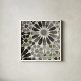 Alhambra Tile III Gray Green by Sue Schlabach. Shown in a crisp white glass frame for a clean and minimalist style. Available as an archival giclee rolled canvas, fine art paper, or poster print. SKU 56946a.