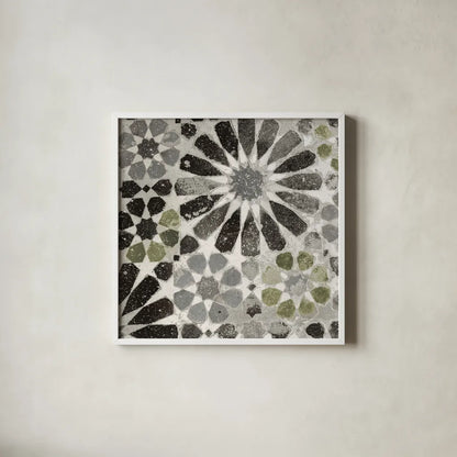 Alhambra Tile III Gray Green by Sue Schlabach. Shown in a crisp white glass frame for a clean and minimalist style. Available as an archival giclee rolled canvas, fine art paper, or poster print. SKU 56946a.