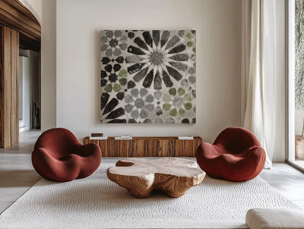 Alhambra Tile III Gray Green by Sue Schlabach. Shown as extra-large giant wall art in a modern living room. Available as an archival giclee rolled canvas, fine art paper, or poster print. SKU 56946a.