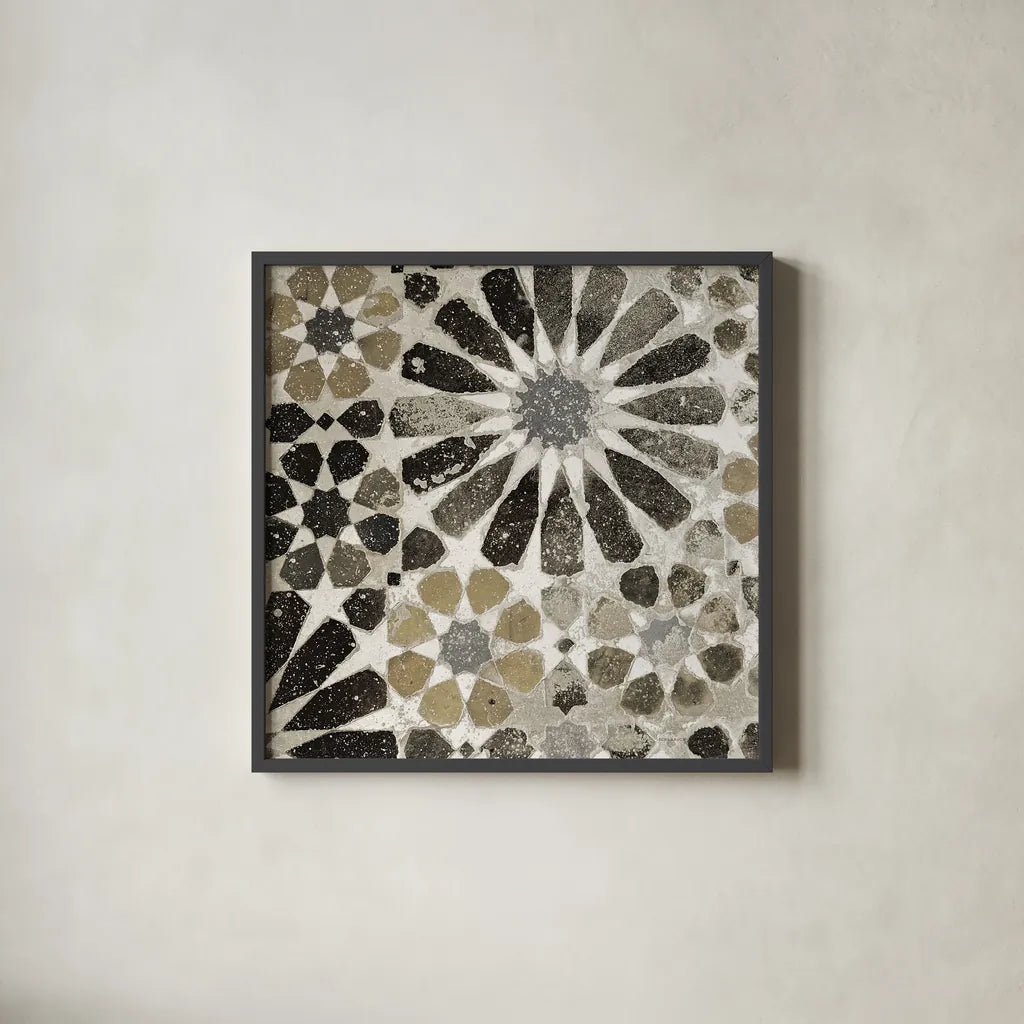 Alhambra Tile III Neutral by Sue Schlabach. Shown in a sleek black glass frame for a contemporary gallery look. Available as an archival giclee rolled canvas, fine art paper, or poster print. SKU 22457a.