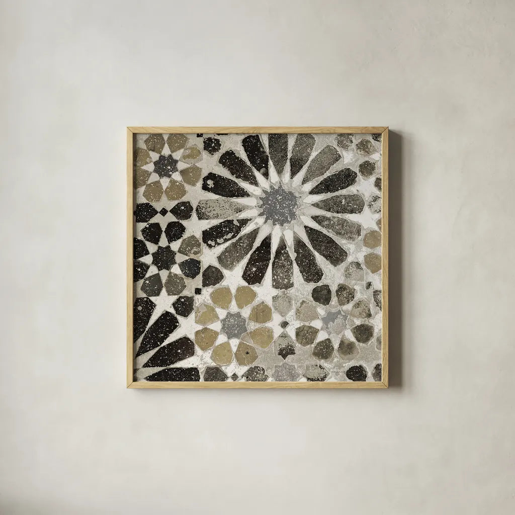 Alhambra Tile III Neutral by Sue Schlabach. Shown in a natural wood glass frame for a timeless modern aesthetic. Available as an archival giclee rolled canvas, fine art paper, or poster print. SKU 22457a.