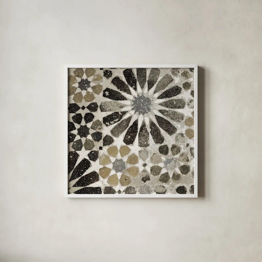 Alhambra Tile III Neutral by Sue Schlabach. Shown in a crisp white glass frame for a clean and minimalist style. Available as an archival giclee rolled canvas, fine art paper, or poster print. SKU 22457a.