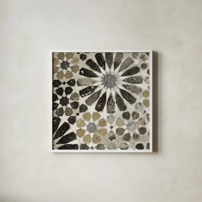 Alhambra Tile III Neutral by Sue Schlabach. Shown in a crisp white glass frame for a clean and minimalist style. Available as an archival giclee rolled canvas, fine art paper, or poster print. SKU 22457a.