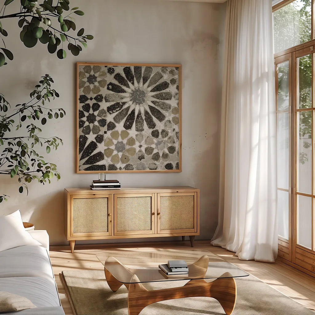 Alhambra Tile III Neutral by Sue Schlabach. Shown in a natural wood frame in a cozy modern living room. Available as an archival giclee rolled canvas, fine art paper, or poster print. SKU 22457a.