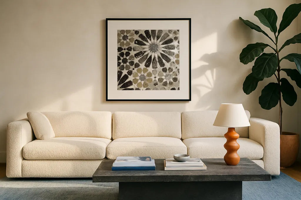Alhambra Tile III Neutral by Sue Schlabach. Displayed in a glass frame with matte in a clean modern living room. Available as an archival giclee rolled canvas, fine art paper, or poster print. SKU 22457a.