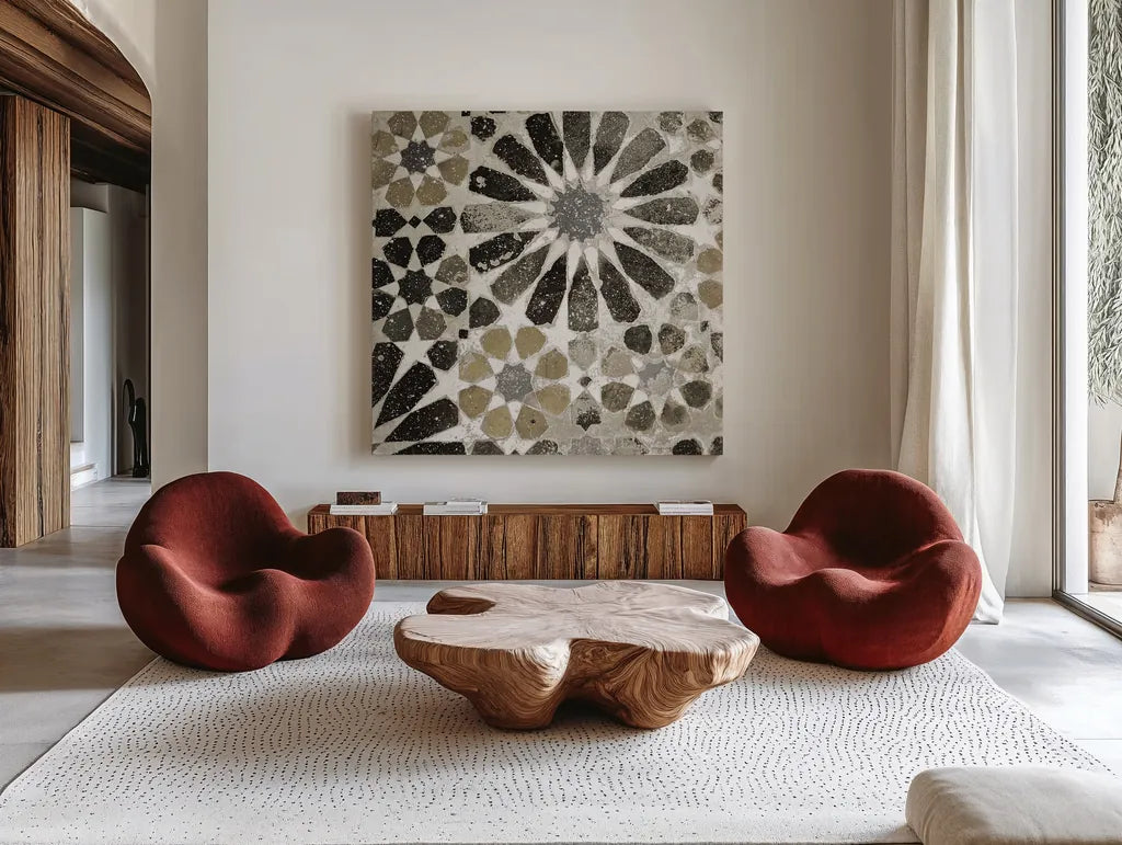 Alhambra Tile III Neutral by Sue Schlabach. Shown as extra-large giant wall art in a modern living room. Available as an archival giclee rolled canvas, fine art paper, or poster print. SKU 22457a.