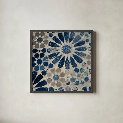 Alhambra Tile III Stone by Sue Schlabach. Shown in a sleek black glass frame for a contemporary gallery look. Available as an archival giclee rolled canvas, fine art paper, or poster print. SKU 51748a.