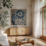 Alhambra Tile III Stone by Sue Schlabach. Shown in a natural wood frame in a cozy modern living room. Available as an archival giclee rolled canvas, fine art paper, or poster print. SKU 51748a.