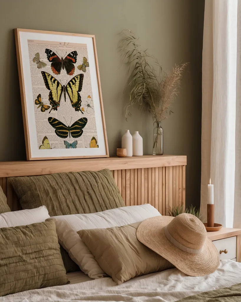 American Butterflies I by Sue Schlabach. shown as a paper print in a natural frame. Available as a archival giclee rolled canvas, fine art paper, or poster print. SKU 68218h.