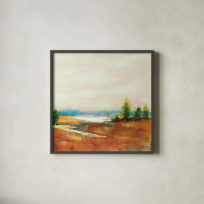 Amity Pond Sq by Sue Schlabach. Shown in a sleek black glass frame for a contemporary gallery look. Available as an archival giclee rolled canvas, fine art paper, or poster print. SKU 68464a.