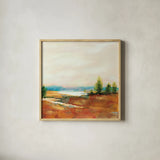 Amity Pond Sq by Sue Schlabach. Shown in a natural wood glass frame for a timeless modern aesthetic. Available as an archival giclee rolled canvas, fine art paper, or poster print. SKU 68464a.