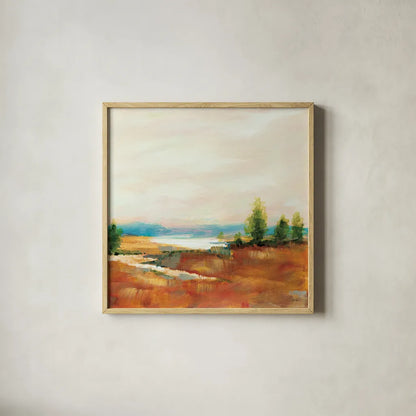 Amity Pond Sq by Sue Schlabach. Shown in a natural wood glass frame for a timeless modern aesthetic. Available as an archival giclee rolled canvas, fine art paper, or poster print. SKU 68464a.