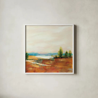 Amity Pond Sq by Sue Schlabach. Shown in a crisp white glass frame for a clean and minimalist style. Available as an archival giclee rolled canvas, fine art paper, or poster print. SKU 68464a.
