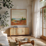Amity Pond Sq by Sue Schlabach. Shown in a natural wood frame in a cozy modern living room. Available as an archival giclee rolled canvas, fine art paper, or poster print. SKU 68464a.