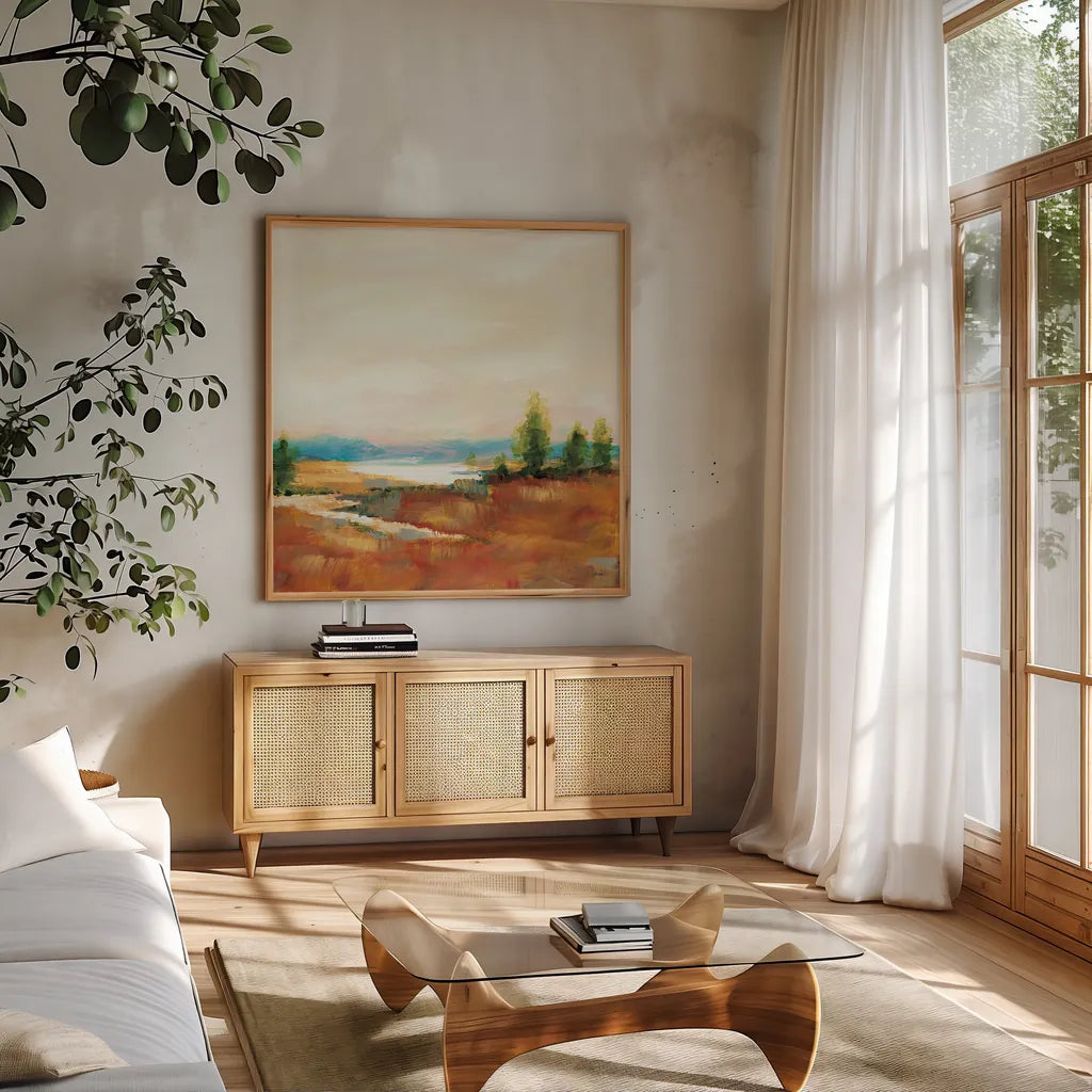 Amity Pond Sq by Sue Schlabach. Shown in a natural wood frame in a cozy modern living room. Available as an archival giclee rolled canvas, fine art paper, or poster print. SKU 68464a.