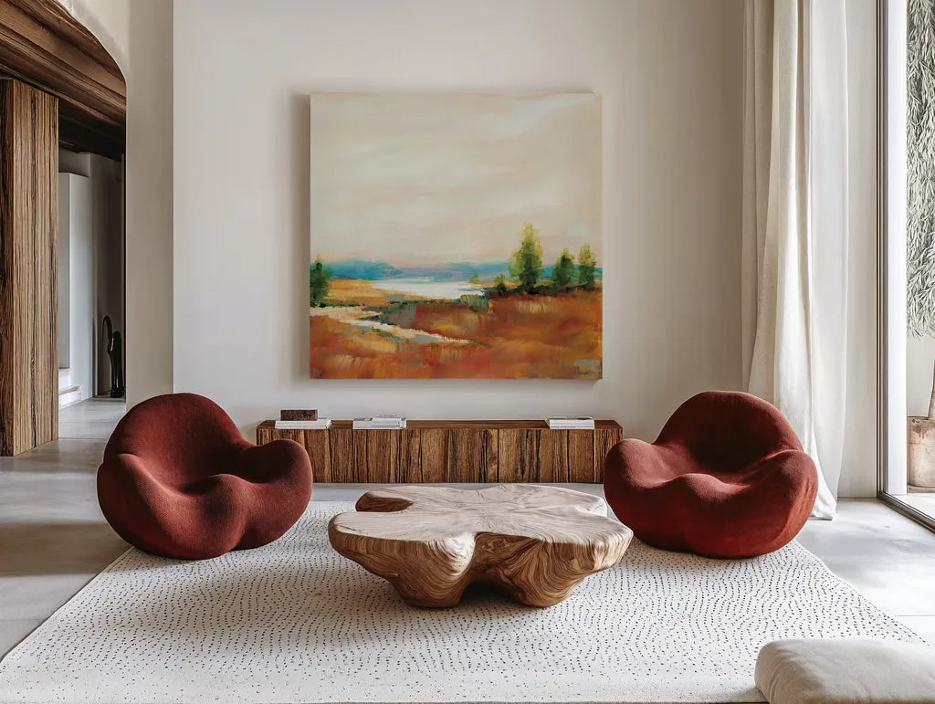 Amity Pond Sq by Sue Schlabach. Shown as extra-large giant wall art in a modern living room. Available as an archival giclee rolled canvas, fine art paper, or poster print. SKU 68464a.