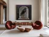 Apothecary Noir I by Sue Schlabach. Shown as extra-large giant wall art in a modern living room. Available as an archival giclee rolled canvas, fine art paper, or poster print. SKU 74886a.