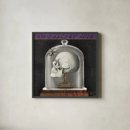 Apothecary Noir II by Sue Schlabach. Shown in a sleek black glass frame for a contemporary gallery look. Available as an archival giclee rolled canvas, fine art paper, or poster print. SKU 74887a.