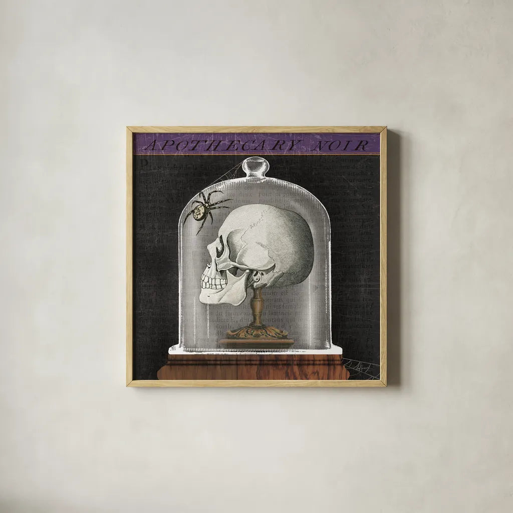 Apothecary Noir II by Sue Schlabach. Shown in a natural wood glass frame for a timeless modern aesthetic. Available as an archival giclee rolled canvas, fine art paper, or poster print. SKU 74887a.