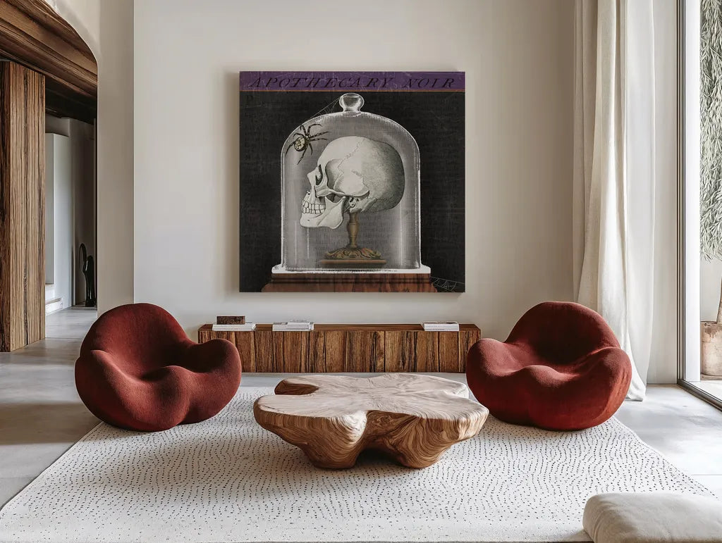 Apothecary Noir II by Sue Schlabach. Shown as extra-large giant wall art in a modern living room. Available as an archival giclee rolled canvas, fine art paper, or poster print. SKU 74887a.