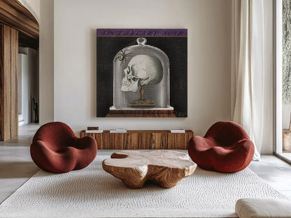 Apothecary Noir II by Sue Schlabach. Shown as extra-large giant wall art in a modern living room. Available as an archival giclee rolled canvas, fine art paper, or poster print. SKU 74887a.