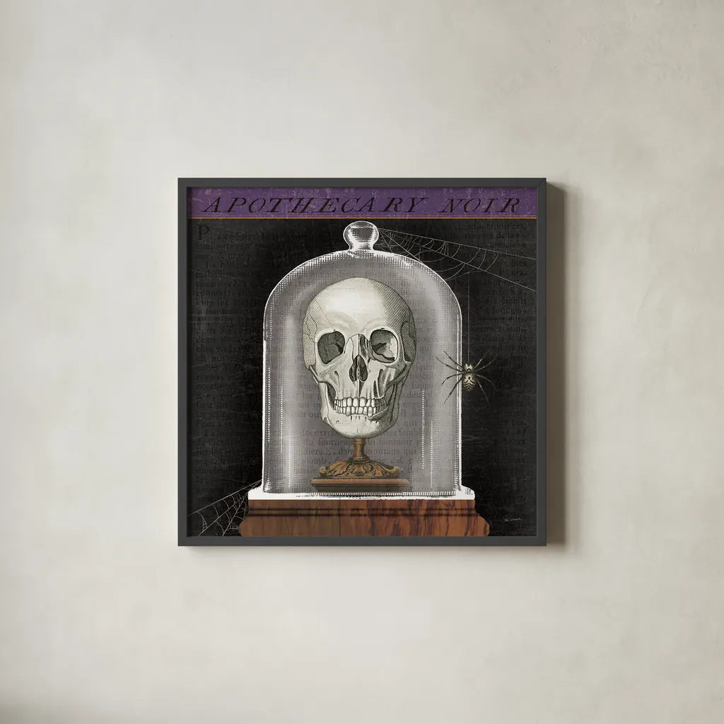 Apothecary Noir III by Sue Schlabach. Shown in a sleek black glass frame for a contemporary gallery look. Available as an archival giclee rolled canvas, fine art paper, or poster print. SKU 74888a.