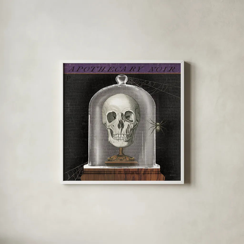 Apothecary Noir III by Sue Schlabach. Shown in a crisp white glass frame for a clean and minimalist style. Available as an archival giclee rolled canvas, fine art paper, or poster print. SKU 74888a.