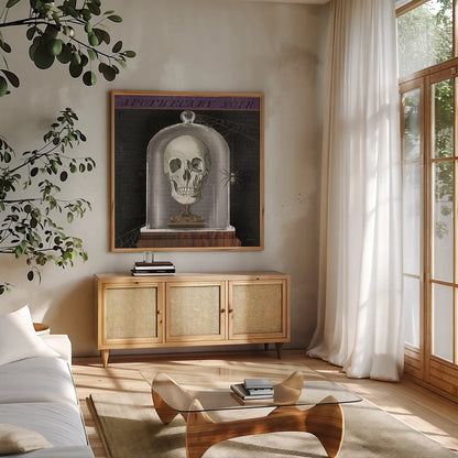 Apothecary Noir III by Sue Schlabach. Shown in a natural wood frame in a cozy modern living room. Available as an archival giclee rolled canvas, fine art paper, or poster print. SKU 74888a.