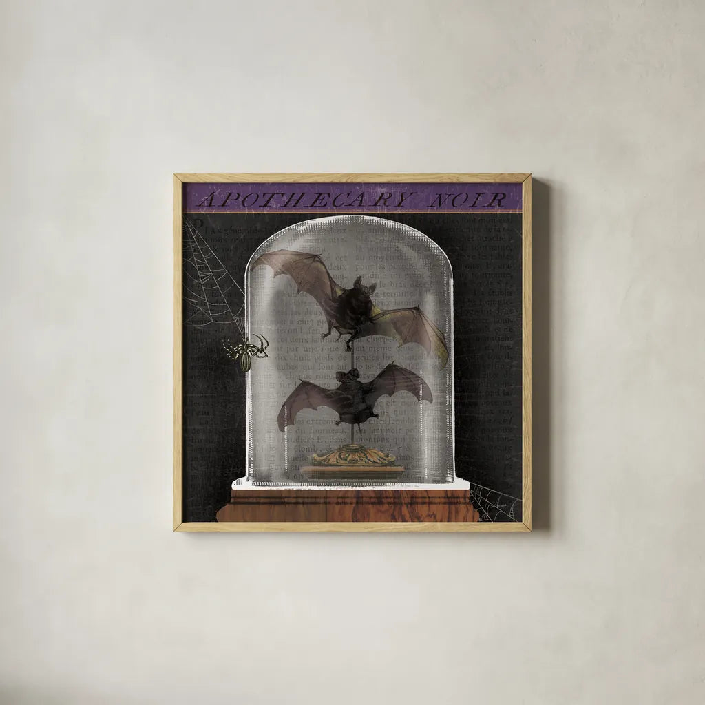 Apothecary Noir IV by Sue Schlabach. Shown in a natural wood glass frame for a timeless modern aesthetic. Available as an archival giclee rolled canvas, fine art paper, or poster print. SKU 74889a.