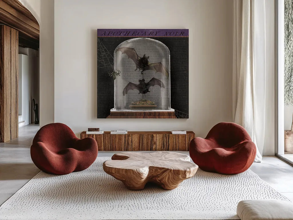 Apothecary Noir IV by Sue Schlabach. Shown as extra-large giant wall art in a modern living room. Available as an archival giclee rolled canvas, fine art paper, or poster print. SKU 74889a.