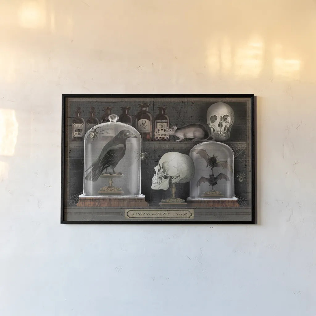 Apothecary Noir V by Sue Schlabach. shown as a paper print in a black flame. Available as a archival giclee rolled canvas, fine art paper, or poster print. SKU 74890i.