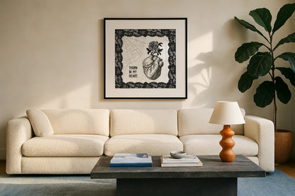 Arsenic and Anatomy I by Sue Schlabach. Displayed in a glass frame with matte in a clean modern living room. Available as an archival giclee rolled canvas, fine art paper, or poster print. SKU 75717a.